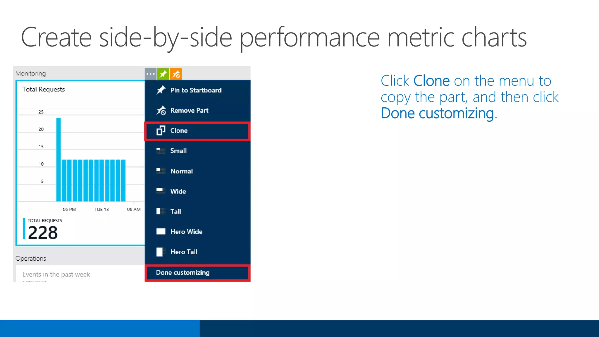 Create side-by-side performance metric charts
Click Clone on the menu to
copy the part, and then click
Done customizing.
 