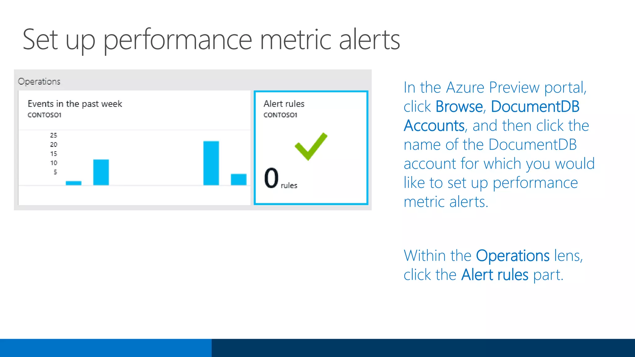 Set up performance metric alerts
In the Azure Preview portal,
click Browse, DocumentDB
Accounts, and then click the
name of the DocumentDB
account for which you would
like to set up performance
metric alerts.
Within the Operations lens,
click the Alert rules part.
 