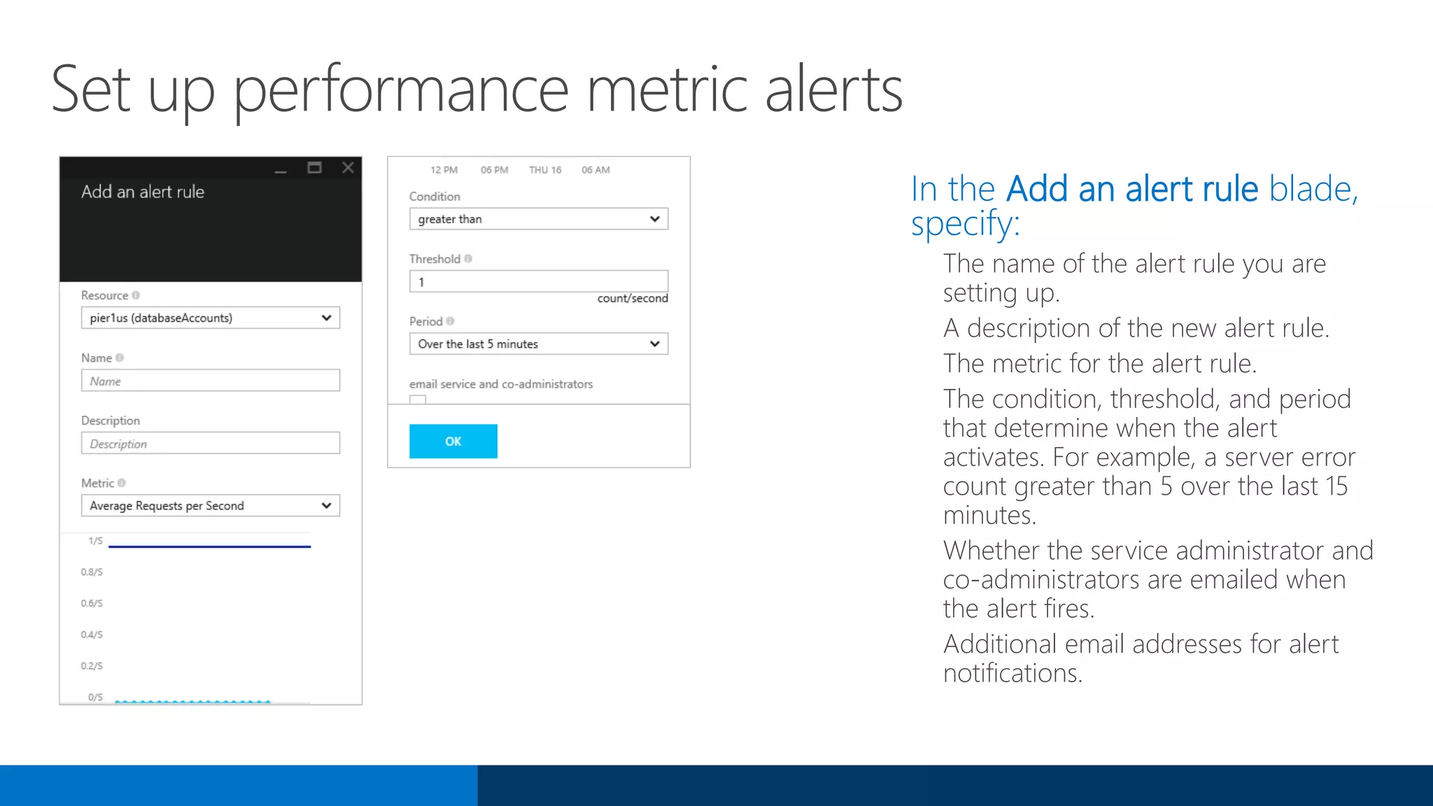 Set up performance metric alerts
In the Add an alert rule blade,
specify:
The name of the alert rule you are
setting up.
A description of the new alert rule.
The metric for the alert rule.
The condition, threshold, and period
that determine when the alert
activates. For example, a server error
count greater than 5 over the last 15
minutes.
Whether the service administrator and
co-administrators are emailed when
the alert fires.
Additional email addresses for alert
notifications.
 