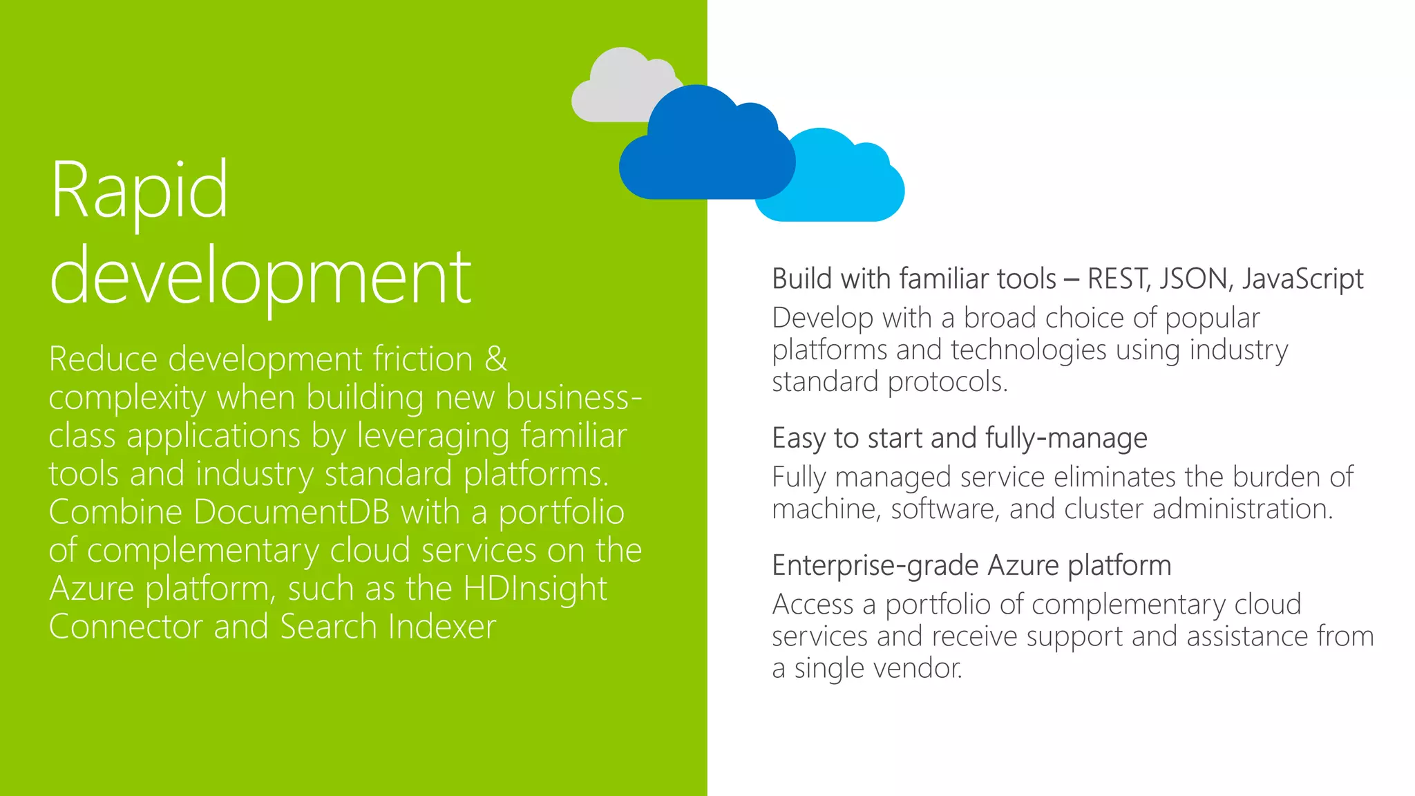Rapid
development Develop with a broad choice of popular
platforms and technologies using industry
standard protocols.
Reduce development friction &
complexity when building new business-
class applications by leveraging familiar
tools and industry standard platforms.
Combine DocumentDB with a portfolio
of complementary cloud services on the
Azure platform, such as the HDInsight
Connector and Search Indexer
 