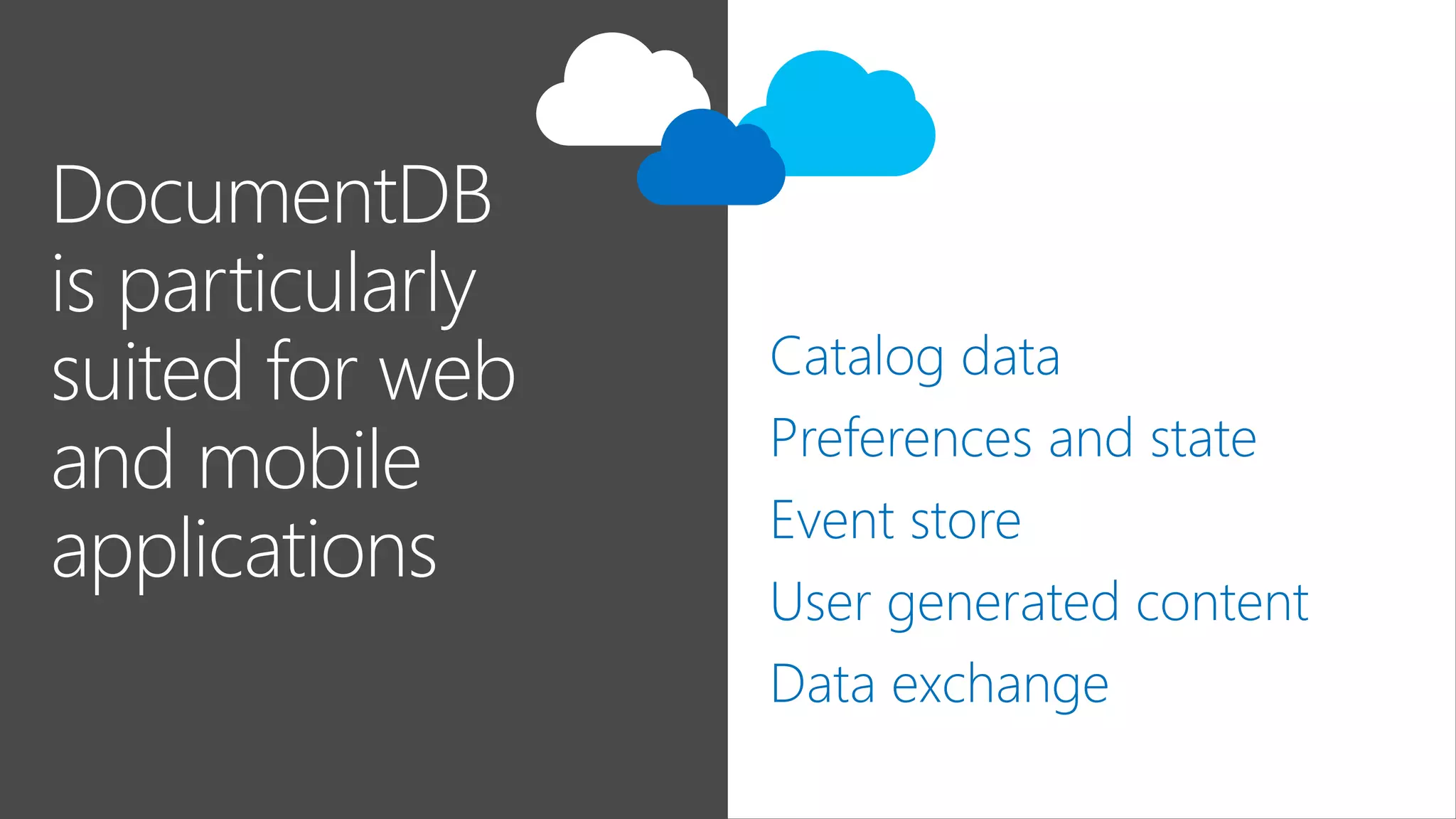 DocumentDB
is particularly
suited for web
and mobile
applications
Catalog data
Preferences and state
Event store
User generated content
Data exchange
 