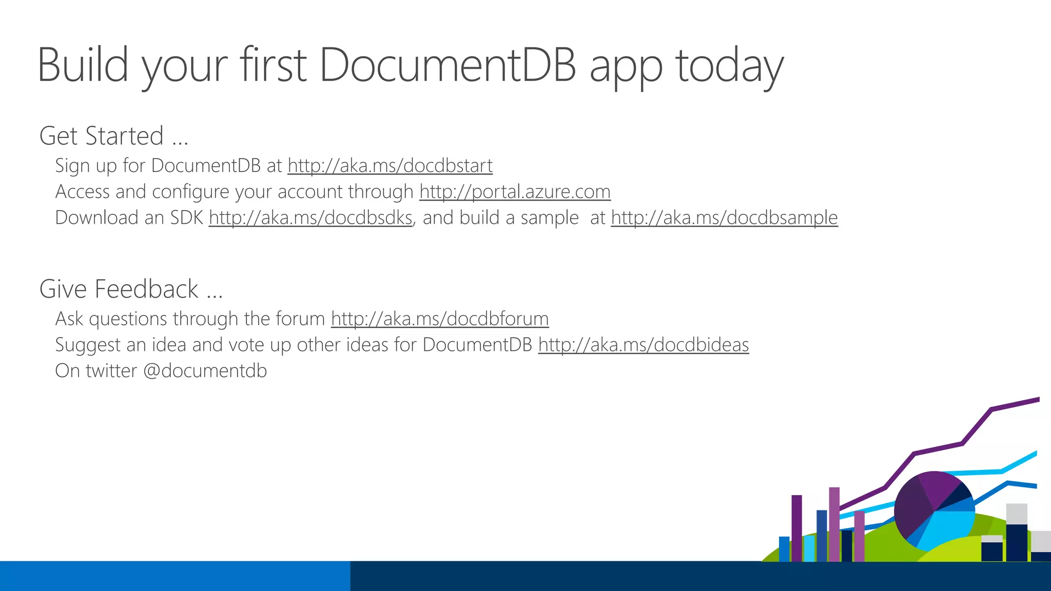 Build your first DocumentDB app today
Get Started …
Sign up for DocumentDB at http://aka.ms/docdbstart
Access and configure your account through http://portal.azure.com
Download an SDK http://aka.ms/docdbsdks, and build a sample at http://aka.ms/docdbsample
Give Feedback …
Ask questions through the forum http://aka.ms/docdbforum
Suggest an idea and vote up other ideas for DocumentDB http://aka.ms/docdbideas
On twitter @documentdb
 