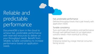 Reliable and
predictable
performance
Defined throughput levels that scale linearly with
application needs
DocumentDB is born in the cloud to
achieve fast, predictable performance
with reserved resources to deliver on
your throughput needs. Benefit from
reliable, tunable consistency to increase
performance based on application
needs.
 