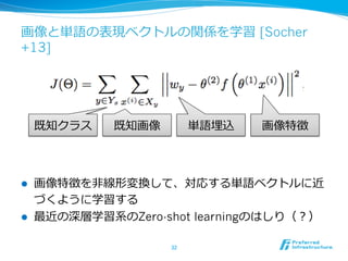 画像と単語の表現ベクトルの関係を学習 [Socher
+13]
l  画像特徴を⾮非線形変換して、対応する単語ベクトルに近
づくように学習する
l  最近の深層学習系のZero-shot learningのはしり（？）
32	
既知クラス ...