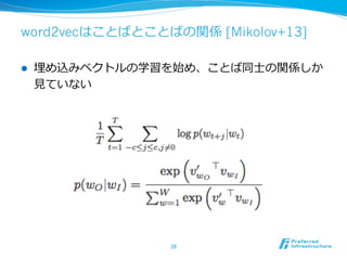 word2vecはことばとことばの関係 [Mikolov+13]
l  埋め込みベクトルの学習を始め、ことば同⼠士の関係しか
⾒見見ていない
28	
 