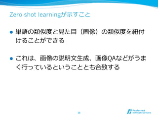 Zero-shot learningが⽰示すこと
l  単語の類似度度と⾒見見た⽬目（画像）の類似度度を紐紐付
けることができる
l  これは、画像の説明⽂文⽣生成、画像QAなどがうま
く⾏行行っているということとも合致する
36	
 
