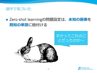 途中で気づいた
l  Zero-shot learningの問題設定は、未知の画像を
既知の単語に紐紐付ける
37	
ネケってこれのこ
とだったのか〜～
 