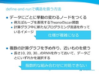 define-and-runで構造を扱う⽅方法
l  データにごとに挙動の変わるノードをつくる
l  例例えばループを表現するTheanoのscan関数
l  計算グラフ中に新たなプログラミング⾔言語を作って
いるイメージ
l  複数の計算グラフを予め作り、近いものを使う
l  ⻑⾧長さ10, 20, 30…のRNNを作っておいて、データご
とにいずれかを選択する
18	
仕様が複雑になる
指数的な組み合わせに対処できない
 