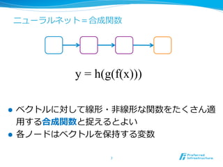 ニューラルネット＝合成関数
l  ベクトルに対して線形・⾮非線形な関数をたくさん適
⽤用する合成関数と捉えるとよい
l  各ノードはベクトルを保持する変数
7	
y = h(g(f(x)))	
 