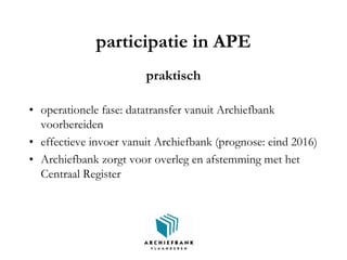 participatie in APE
praktisch
• operationele fase: datatransfer vanuit Archiefbank
voorbereiden
• effectieve invoer vanuit Archiefbank (prognose: eind 2016)
• Archiefbank zorgt voor overleg en afstemming met het
Centraal Register
 