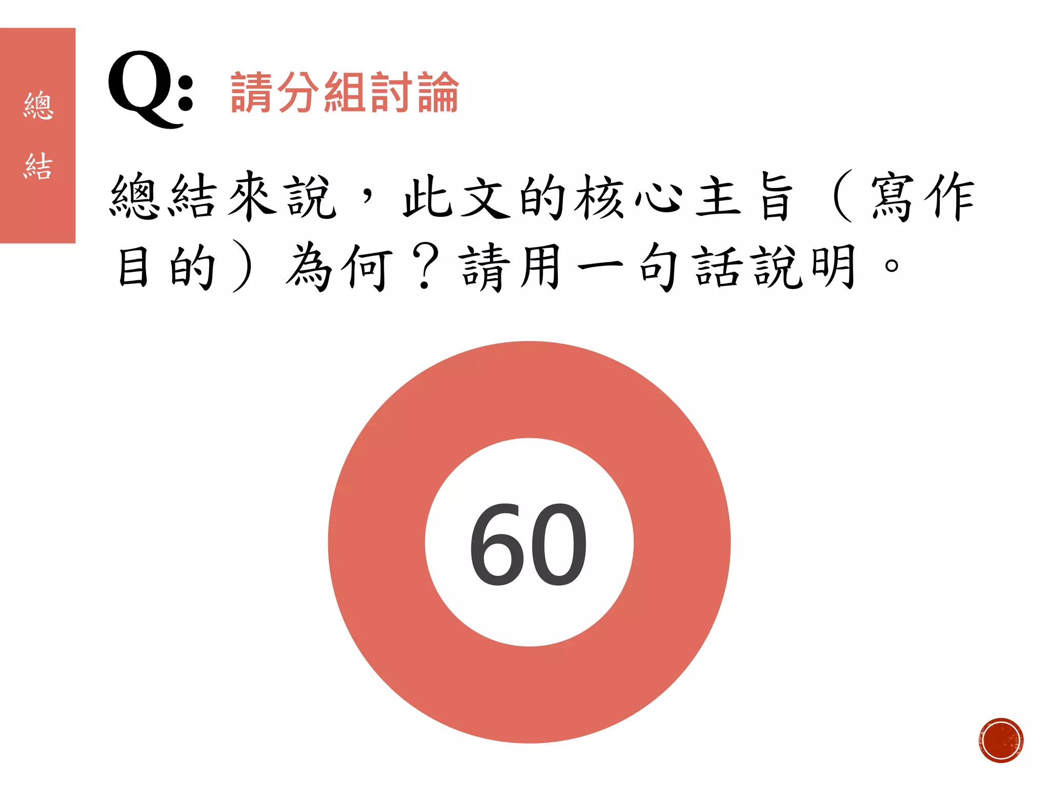 總結來說，此文的核心主旨（寫作
目的）為何？請用一句話說明。
總
結
請分組討論
010203040506070809101112131415161718192021222324252627282930313233343536373839404142434445464748495051525354555657585960
 