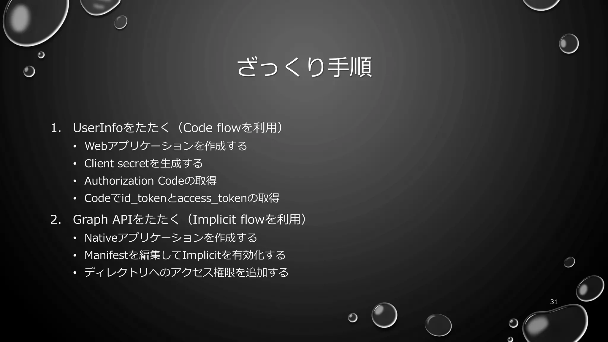 ざっくり手順
1. UserInfoをたたく（Code flowを利用）
• Webアプリケーションを作成する
• Client secretを生成する
• Authorization Codeの取得
• Codeでid_tokenとaccess_tokenの取得
2. Graph APIをたたく（Implicit flowを利用）
• Nativeアプリケーションを作成する
• Manifestを編集してImplicitを有効化する
• ディレクトリへのアクセス権限を追加する
31
 