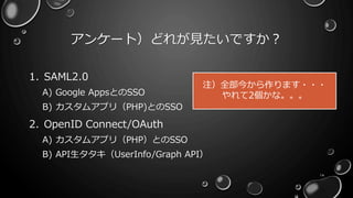 アンケート）どれが見たいですか？
1. SAML2.0
A) Google AppsとのSSO
B) カスタムアプリ（PHP)とのSSO
2. OpenID Connect/OAuth
A) カスタムアプリ（PHP）とのSSO
B) API生タタキ（UserInfo/Graph API）
14
注）全部今から作ります・・・
やれて2個かな。。。
 
