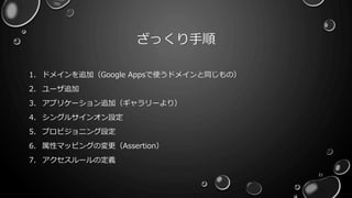 ざっくり手順
1. ドメインを追加（Google Appsで使うドメインと同じもの）
2. ユーザ追加
3. アプリケーション追加（ギャラリーより）
4. シングルサインオン設定
5. プロビジョニング設定
6. 属性マッピングの変更（Assertion）
7. アクセスルールの定義
21
 