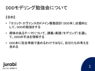 DDDモデリング勉強会について
【目的】
• 「エリック・エヴァンスのドメイン駆動設計（DDD本）」を題材と
して、DDDの勉強をする
• 興味のあるテーマについて、講義+実践（モデリング）を通し
て、DDDの手法を理解する
• DDD本に完全準拠で進めるわけではなく、自分たちの考えを
含める
1
 