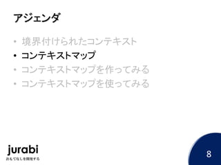 アジェンダ
• 境界付けられたコンテキスト
• コンテキストマップ
• コンテキストマップを作ってみる
• コンテキストマップを使ってみる
8
 
