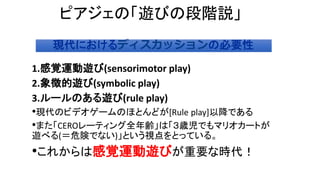 ピアジェの「遊びの段階説」
1.感覚運動遊び(sensorimotor play)
2.象徴的遊び(symbolic play)
3.ルールのある遊び(rule play)
•現代のビデオゲームのほとんどが[Rule play]以降である
•また「CEROレーティング全年齢」は「３歳児でもマリオカートが
遊べる(＝危険でない)」という視点をとっている。
•これからは感覚運動遊びが重要な時代！
現代におけるディスカッションの必要性現代におけるディスカッションの必要性
 