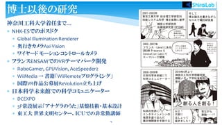 神奈川工科大学着任まで…
 NHK-ESでのポスドク
 Global Illumination Renderer
 奥行きカメラAxi-Vision
 ワイヤード モーションコントロールカメラ
 フランスENSAMでのVRテーマパーク開発
 RoboGamer, GPUVision, AceSpeeder2
 WiiMedia → 書籍「WiiRemoteプログラミング」
 国際VR作品公募展ReVolution立ち上げ
 日本科学未来館での科学コミュニケーター
 DCEXPO
 3F常設展示「アナグラのうた」基盤技術・基本設計
 東工大 世界文明センター，ＩＣＵでの非常勤講師
19
博士以後の研究
 