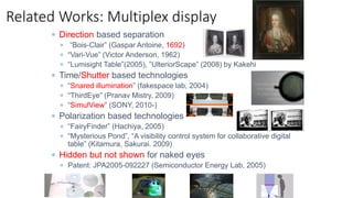 Related Works: Multiplex display
 Direction based separation
 “Bois-Clair” (Gaspar Antoine, 1692)
 “Vari-Vue” (Victor Anderson, 1962)
 “Lumisight Table”(2005), ”UlteriorScape” (2008) by Kakehi
 Time/Shutter based technologies
 “Snared illumination” (fakespace lab, 2004)
 “ThirdEye” (Pranav Mistry, 2009)
 “SimulView” (SONY, 2010-)
 Polarization based technologies
 “FairyFinder” (Hachiya, 2005)
 “Mysterious Pond”, “A visibility control system for collaborative digital
table” (Kitamura, Sakurai. 2009)
 Hidden but not shown for naked eyes
 Patent: JPA2005-092227 (Semiconductor Energy Lab, 2005)
 