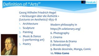 Georg Wilhelm Friedrich Hegel
« Vorlesungen über die Ästhetik »
(Lectures on Aesthetics) 1835–8
1. Architecture
2. Sculpture
3. Painting
4. Music & Dance
(=performing art)
5. Poetry
Definition of “Arts”
Modern philosophy in
https://fr.wiktionary.org/
6. Photography
7. Cinema
8. Television & Drama
(=Broadcasting)
9. Bande dessinée, Manga, Comic
10. Video Game
 