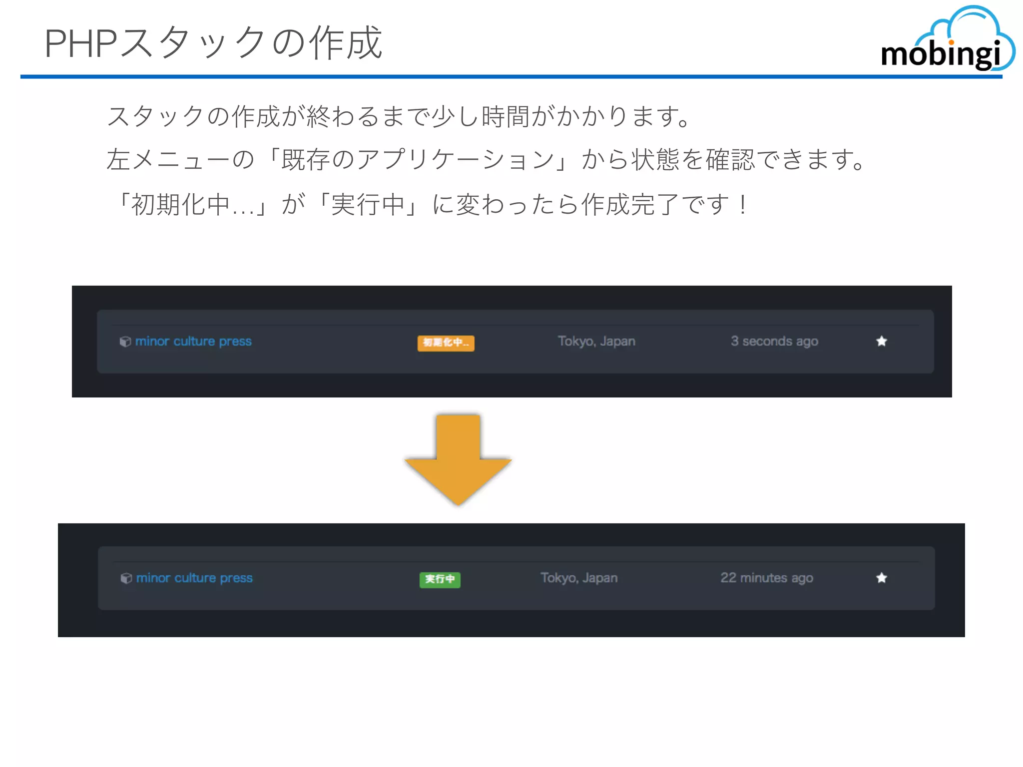 PHPスタックの作成
スタックの作成が終わるまで少し時間がかかります。
左メニューの「既存のアプリケーション」から状態を確認できます。
「初期化中…」が「実⾏中」に変わったら作成完了です！
 
