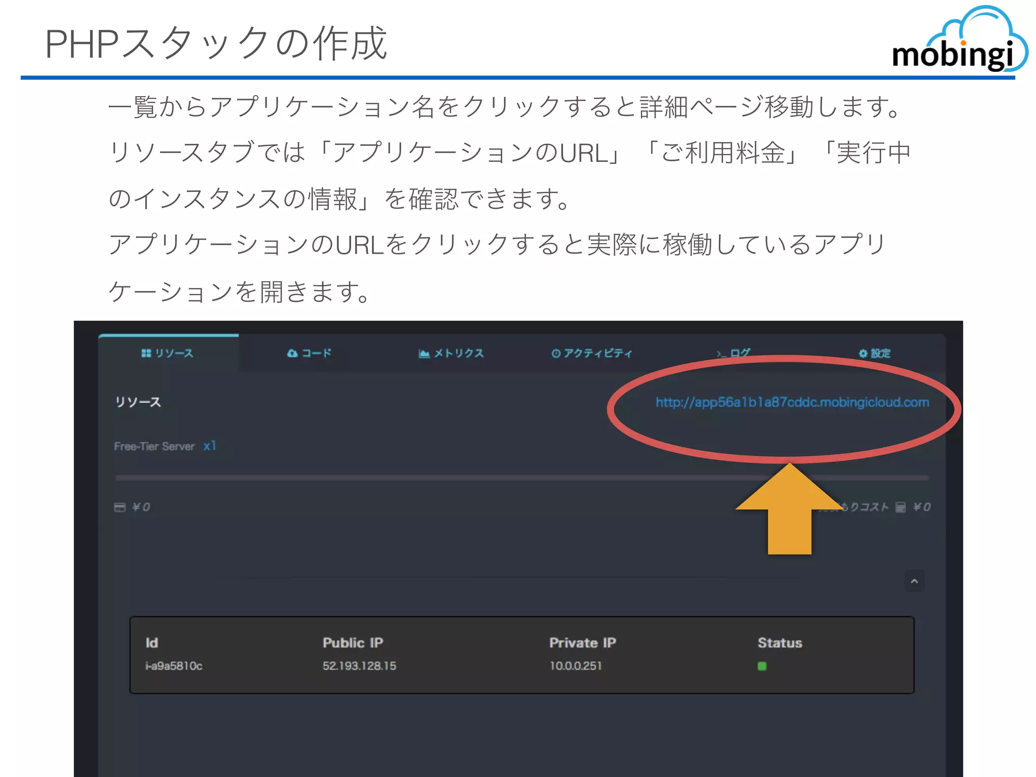 PHPスタックの作成
⼀覧からアプリケーション名をクリックすると詳細ページ移動します。
リソースタブでは「アプリケーションのURL」「ご利⽤料⾦」「実⾏中
のインスタンスの情報」を確認できます。
アプリケーションのURLをクリックすると実際に稼働しているアプリ
ケーションを開きます。
 
