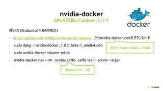 15
nvidia-docker
使い方(※ubuntu14.04の場合)
• https://github.com/NVIDIA/nvidia-docker/releases からnvidia-docker.debをダウンロード
• sudo dpkg –i nvidia-docker_1.0.0.beta-1_amd64.deb
• sudo nvidia-docker volume setup
• nvidia-docker run --rm nvidia/caffe caffe train –solver <args>
GPUを搭載したdokcerコンテナ
自分でmake installしてもOK
dockerイメージ名
 