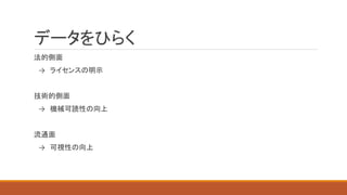 データをひらく
法的側面
→ ライセンスの明示
技術的側面
→ 機械可読性の向上
流通面
→ 可視性の向上
 
