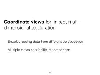 Coordinate views for linked, multi-
dimensional exploration
Enables seeing data from different perspectives
Multiple views can facilitate comparison
39
 