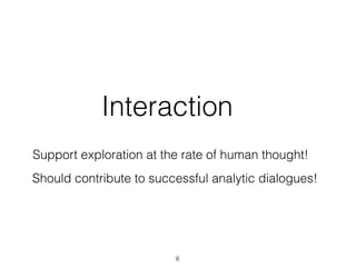 Interaction
Should contribute to successful analytic dialogues!
Support exploration at the rate of human thought!
6
 
