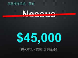 弱點掃描系統：節省
Nessus
$45,000
初次導⼊入、安裝1台伺服器計
 