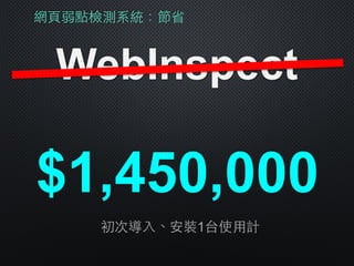 網⾴頁弱點檢測系統：節省
WebInspect
$1,450,000
初次導⼊入、安裝1台使⽤用計
 