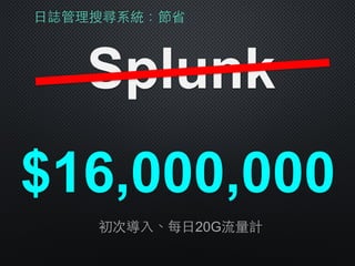⽇日誌管理搜尋系統：節省
Splunk
$16,000,000
初次導⼊入、每⽇日20G流量計
 