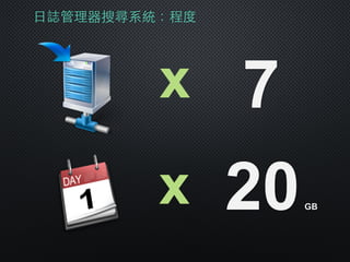 ⽇日誌管理器搜尋系統：程度
x 7
x 20GB
 