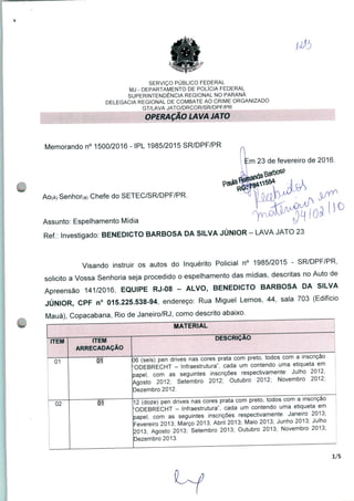 SERVIÇO PÚBLICO FEDERAL
MJ - DEPARTAMENTO DE POLÍCIA FEDERAL
SUPERINTENDÊNCIA REGIONAL NO PARANÁ
DELEGACIA REGIONAL DE COMBATE AO CRIME ORGANIZADO
GT/LAVA JATO/DRCOR/SR/DPF/PR
OPERAÇÃO
Memorando n° 1500/2016 - IPL 1985/2015 SR/DPF/PR
Lm 23 de fevereiro de 2016.
Ao(A)Senhor(a) Chefe do SETEC/SR/DPF/PR.
Assunto: Espelhamento Mídia
Ref.: Investigado: BENEDICTO BARBOSA DA SILVA JÚNIOR - LAVA JATO 23
Visando instruir os autos do Inquérito Policial n° 1985/2015 - SR/DPF/PR,
solicito a Vossa Senhoria seja procedido o espelhamento das mídias, descritas no Auto de
Apreensão 141/2016, EQUIPE RJ-08 - ALVO, BENEDICTO BARBOSA DA SILVA
JÚNIOR, CPF n° 015.225.538-94, endereço: Rua Miguel Lemos, 44, sala 703 (Edifício
Mauá), Copacabana, Rio de Janeiro/RJ, como descrito abaixo.
MATERIAL
ITEM
01
02
ITEM
ARRECADAÇÃO
01
01
DESCRIÇÃO
06 (seis) pen drives nas cores prata com preto, todos com a inscrição
ODEBRECHT - Infraestrutura", cada um contendo uma etiqueta em
papel com as seguintes inscrições respectivamente: Julho 2012,
Agosto 2012; Setembro 2012; Outubro 2012; Novembro 2012;
Dezembro 2012.
12 (doze) pen drives nas cores prata com preto, todos com a inscrição
'ODEBRECHT - Infraestrutura", cada um contendo uma etiqueta em
papel com as seguintes inscrições respectivamente: Janeiro 2013;
Fevereiro 2013 Março 2013; Abril 2013; Maio 2013; Junho 2013; Julho
2013, Agosto 2013; Setembro 2013; Outubro 2013; Novembro 2013;
Dezembro 2013.
1/5
 