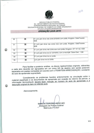 SERVIÇO PÚBLICO FEDERAL
MJ - DEPARTAMENTO DE POLÍCIA FEDERAL
SUPERINTENDÊNCIA REGIONAL NO PARANÁ
DELEGACIA REGIONAL DE COMBATE AO CRIME ORGANIZADO
GT/LAVA JATO/DRCOR/SR/DPF/PR
OPERAÇÃO LAVA JATO
50 06
01 (um) pen drive nas cores amarelo com prata, Kingston, DataTraveler,
8GB.
51 06 01 (um) pen drive nas cores roxo com prata, Kingston, DataTraveler,
8GB.
52 06
01 (um) pen drive nas cores azul com prata, Kingston, DT 101 G2, 4GB.
53 06
01 (um) pen drive na cor vermelha, com a inscrição "Dane Elec", 1GB.
54
~55~
06 01 (um) pen drive na cor prata.
06 (um) pen drive na cor prata.
Para facilitar a posterior análise, os discos rígidos/mídias originais, referentes
a cada alvo deverão ser agrupados em um único HD de destino (em sendo possível)
LpaSdotem gastas nomeai em acordo com o ITEM/ITEM ARRECADAÇÃO, constante
do auto de apreensão supracitado.
Considerando os problemas havidos anteriormente na vinculação entre o
material espelhado e os documentos de apreensão por ocasião do retojno da penaa, a
informação técnica/laudo H^rá fazer mencao ao numero do auto de apreensão e a
descrição original do item no referido auto.
Atenciosamente,
)elegado de Poli
Matrícula n°
SELMO
3ia Federal
9.837
5/5
 