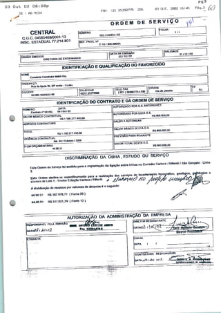 03 Out 02 06:08p
DE : AG MC04
FfiX ::21 25392775 226 03
OUT. 2002 16:45 Pág. 2
CENTRAL
C.G.C. 04585463/0001-13
INSC. ESTADUAL 77.214.601
DIRETORIA DE ENGENHARIA
Conaórcio CorwftKof Mrtô Rto
ENDEKEÇO
Rua da Ajuda 35.20* «*»-
AUTORIZADO POR Q.S, ANTERIORES
Cortraton'001«g 04/04/02 AUTORIZADO POR
SÃUÕO A AUTORIZAR
DITIVOS CONTRATUAIS
vãIór bAsico desta o.s
OTAL R$1.ia0.217.410,QO
ÍÊNCIA CONTRATUAL
Até 0* /OUhibTO/ 2006
PREVISÃO PARA REAJUSTE
líTÊM ORÇAMENTÁRIO
DA OBRA. ESTUDO OU SERVIÇO
Ssmico do Lote 1 -Trecho Estação Carioca / Ntteraí j
A distribuição de recureos por natureza de despesa é a seguinte:
44 90.51. R$ 382 978.71 (Fonte 00)
44.90.51 R$ 517.021,29 { Fonte 12 >
líCO 9
AUTORIZAÇÃO DA ADM1NISTBAÇAOJ>Ã_EMPRESA
. . /l/h&uvi ' 1 (ÕiÃETOR REQUISITANTE
ResPONSAVEL «ÃãBBÕ^ ^Míl. «« datao3 f ^ dQBt-^rtgtartS-r
>*■■ 0QjQO4jgTt-«
ETIQUETA
CONTRATADA RESPONSÁVEL
 