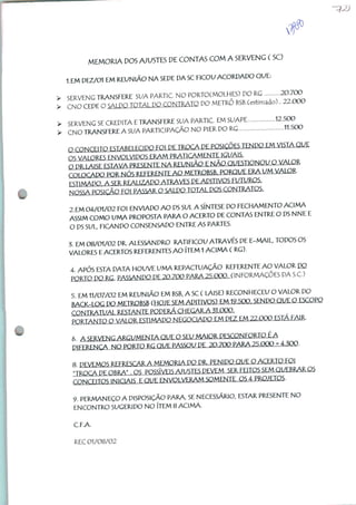 MEMÓRIA DOS AJUSTES PE CONTAS COM A SERVENG C SC)
1.EM PEZ/01 EM REUNIÃO NA SEDE PA SC FICOU ACORPAPO QUE:
> SERVENG TRANSFERE SUA PARTIC. NO PORTOCMOLHES) PO RG Tf
> CNO CEPE O ÇAipnTOTAl pn TONTRATO PO METRO BSB.Cestimado).. 22.000
> SERVENG SE CREPITA E TRANSFERE SUA PARTIC EM 5UAPE 1
> CNO TRANSFERE A SUA PARTICIPAÇÃO NO PIERPO RG
n cnNCMO ftrfiw Fnnn FOI PF TROCA PR POSIÇÕFS TFNPQ FM VISTA QUE
rK /Al ORFS FNVQI VipOS FRAM PRATICAMFIMTF IGUAIS.
n pp I A|sp FSTAVA pRFSFNTE NA RFUNIÃO F NÃO QUFSTIONQU O VALOR
rn nCApn POR NÓ^ RFFFRFNTF AO MFTRQfí^ft PORQUF FRA UM VALOR
prri/^po, A SFR RFAI I7APO ATRAVFS PE AP|T|VOS FUTi;ROS.
[MD^A POSIÇÃO FOI PASSAR O SA' DO TQT/K POS CONTRATOS-
2 EM 04/01/02 FOI ENVIAPO AO PS SUL A SÍNTESE PO FECHAMENTO ACIMA
ASSIM COMO UMA PROPOSTA PARA O ACERTO PE CONTAS ENTRE O PS NNE E
O PS SUL, FICANPO CONSENSAPO ENTRE AS PARTES.
3 EM 08/01/02 PR. ALESSANPRO RATIFICOU ATRAVÉS PE E-MAIL, TOPOS OS
VALORES E ACERTOS REFERENTES AO ITEM 1 ACIMA C RG).
A APÓS ESTA PATA HOUVE UMA REPACTUAÇÃO REFERENTE AO VALOR DG
PORTO PO RG. pA^ANPO PE ^ 7OO PARA 2S.OOO. (INFORMAÇÕES PA S.C)
5 EM 11/07/02 EM REUNIÃO EM BSB, A SC ( LAISE) RECONHECEU O VALOR PO
fy^.i nr. DO MFTTIOBSB rHOJF SFM AP|TIVOS) FM 19.SOO SFNPO QUF O ESCOPO
rONTRATUAl RFSTANTE POPFRÁ CHFHAR A 51.000.
PORTANTO O VAI OR FSTIMAPO NFGOriAPO EM PF7 FM 22.OOO ESTA FAIR-
6 A SFRVFNG ARGUMENTA OI/F O SEU MAIOR PESCONFORTQ ÉA
A NO PORTO RG OUF PASSOU PF 7O 7OO PARA 7S.0Q0 = 4.5QQ.
g ppVFMOS RFFRFSCAR A MFMORIA PO PR- PENIPO OUF O ACERTO FOI
"TRnrAPFOBRA" OS PQSSÍVFIS AJUSTES PFVFM SER FFITOS SEM QUEBRAR OS
INICIAIS F QUE ENVOl VFRAM SOMFNTE OS A PROJETOS-
9. PERMANEÇO A PISPOSIÇÃO PARA, SE NECESSÁRIO, ESTAR PRESENTE NO
ENCONTRO SUGERIPO NO ÍTEM 8 ACIMA.
CFA.
REC 01/08/02
 