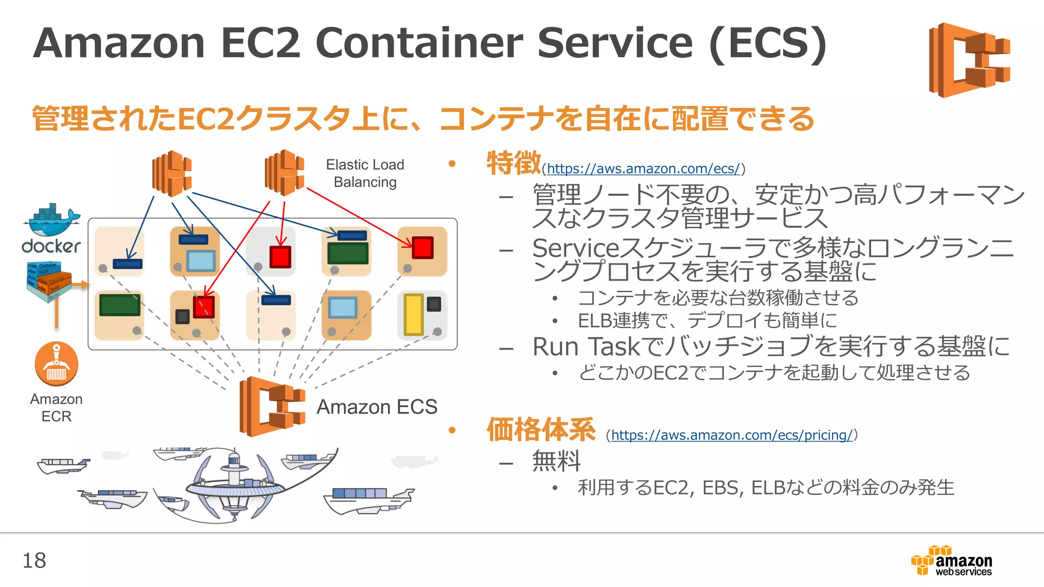 18
Amazon EC2 Container Service (ECS)
• 特徴(https://aws.amazon.com/ecs/)
– 管理ノード不要の、安定かつ高パフォーマン
スなクラスタ管理サービス
– Serviceスケジューラで多様なロングランニ
ングプロセスを実行する基盤に
• コンテナを必要な台数稼働させる
• ELB連携で、デプロイも簡単に
– Run Taskでバッチジョブを実行する基盤に
• どこかのEC2でコンテナを起動して処理させる
• 価格体系 (https://aws.amazon.com/ecs/pricing/）
– 無料
• 利用するEC2, EBS, ELBなどの料金のみ発生
管理されたEC2クラスタ上に、コンテナを自在に配置できる
Amazon
ECR
Amazon ECS
Elastic Load
Balancing
 