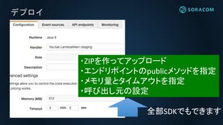 デプロイ
・ZIPを作ってアップロード
・エンドリポイントのpublicメソッドを指定
・メモリ量とタイムアウトを指定
・呼び出し元の設定
全部SDKでもできます
 