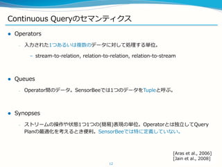 Continuous QueryΥޥƥ
? Operators
C 줿1Ĥ뤤}Υǩ`ˌƄIgλ
C stream-to-relation, relation-to-relation, relation-to-stream
? Queues
C OperatorgΥǩ`SensorBeeǤ1ĤΥǩ`TupleȺ֡
? Synopses
C ȥ`β״B11Ĥ()F΅gλOperatorȤ϶Query
Planm򿼤ȤSensorBeeǤؤ˶xƤʤ
12
[Aras et al., 2006]
[Jain et al., 2008]
 