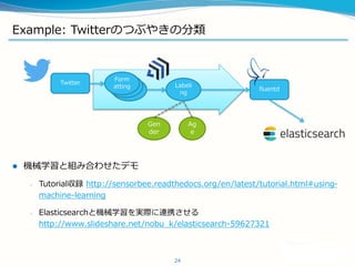 Example: TwitterΤĤ֤䤭η
? CеѧȽMߺϤ碌ǥ
C Tutorialh http://sensorbee.readthedocs.org/en/latest/tutorial.html#using-
machine-learning
C پ𲹰ȻеѧϰgʤЯ
http://www.slideshare.net/nobu_k/elasticsearch-59627321
24
Twitter
Gen
der
Ag
e
Form
atting
Form
atting
Form
atting Labeli
ng
fluentd
 