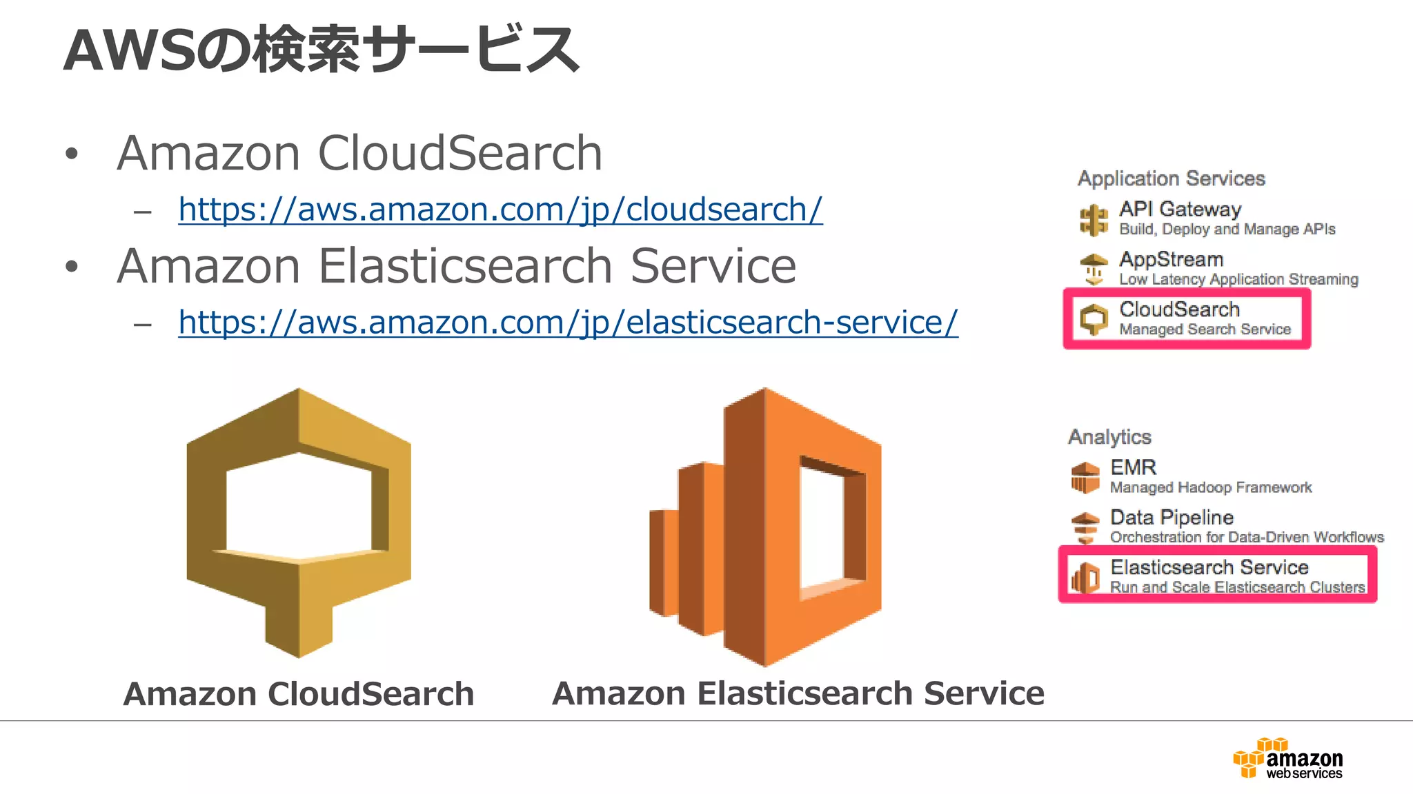 AWSの検索サービス
• Amazon CloudSearch
– https://aws.amazon.com/jp/cloudsearch/
• Amazon Elasticsearch Service
– https://aws.amazon.com/jp/elasticsearch-service/
Amazon CloudSearch Amazon Elasticsearch Service
 