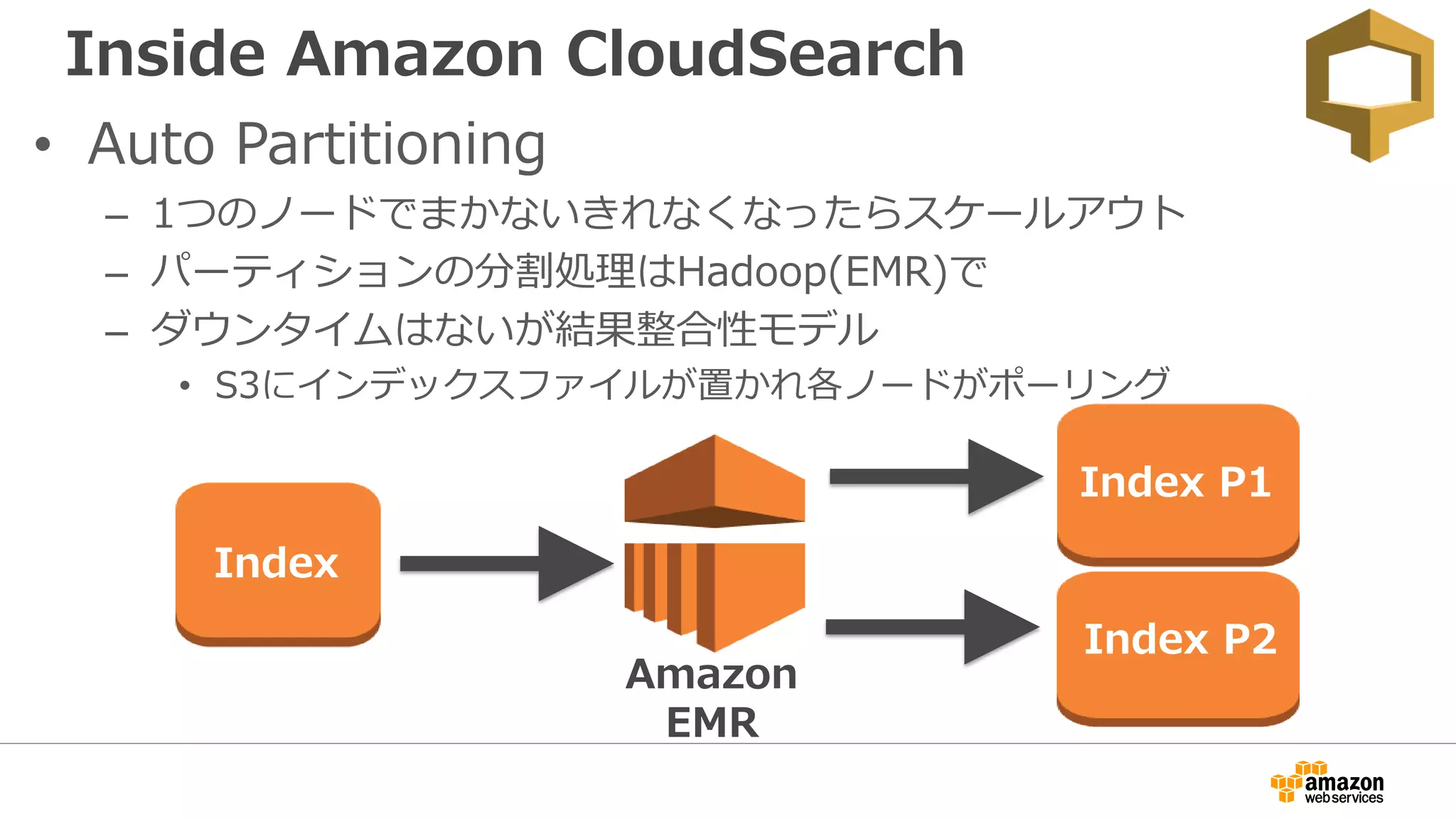 Inside Amazon CloudSearch
• Auto Partitioning
– 1つのノードでまかないきれなくなったらスケールアウト
– パーティションの分割処理はHadoop(EMR)で
– ダウンタイムはないが結果整合性モデル
• S3にインデックスファイルが置かれ各ノードがポーリング
Index
Index P1
Index P2
Amazon
EMR
 