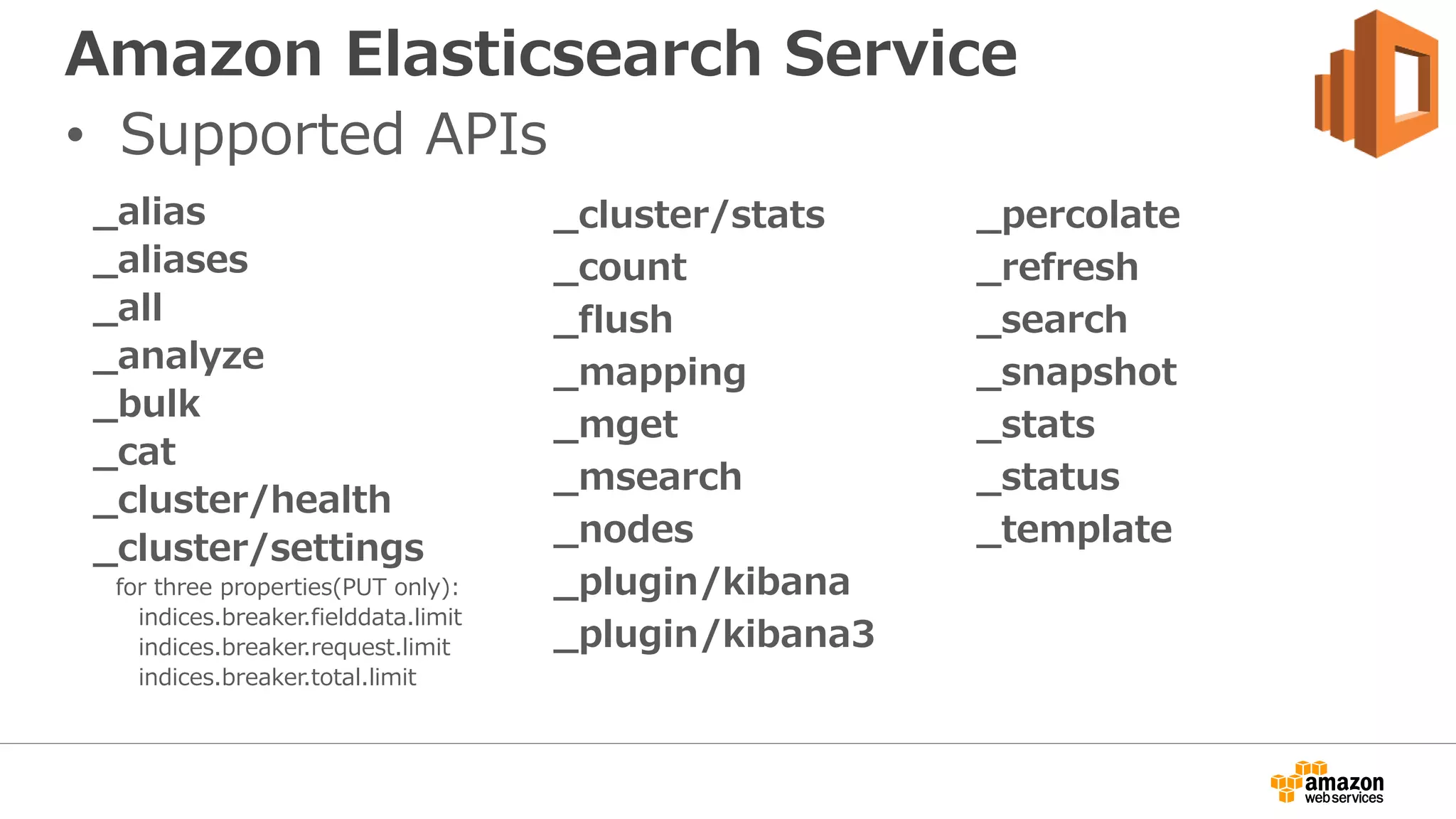 • Supported APIs
Amazon Elasticsearch Service
_alias
_aliases
_all
_analyze
_bulk
_cat
_cluster/health
_cluster/settings
for three properties(PUT only):
indices.breaker.fielddata.limit
indices.breaker.request.limit
indices.breaker.total.limit
_cluster/stats
_count
_flush
_mapping
_mget
_msearch
_nodes
_plugin/kibana
_plugin/kibana3
_percolate
_refresh
_search
_snapshot
_stats
_status
_template
 