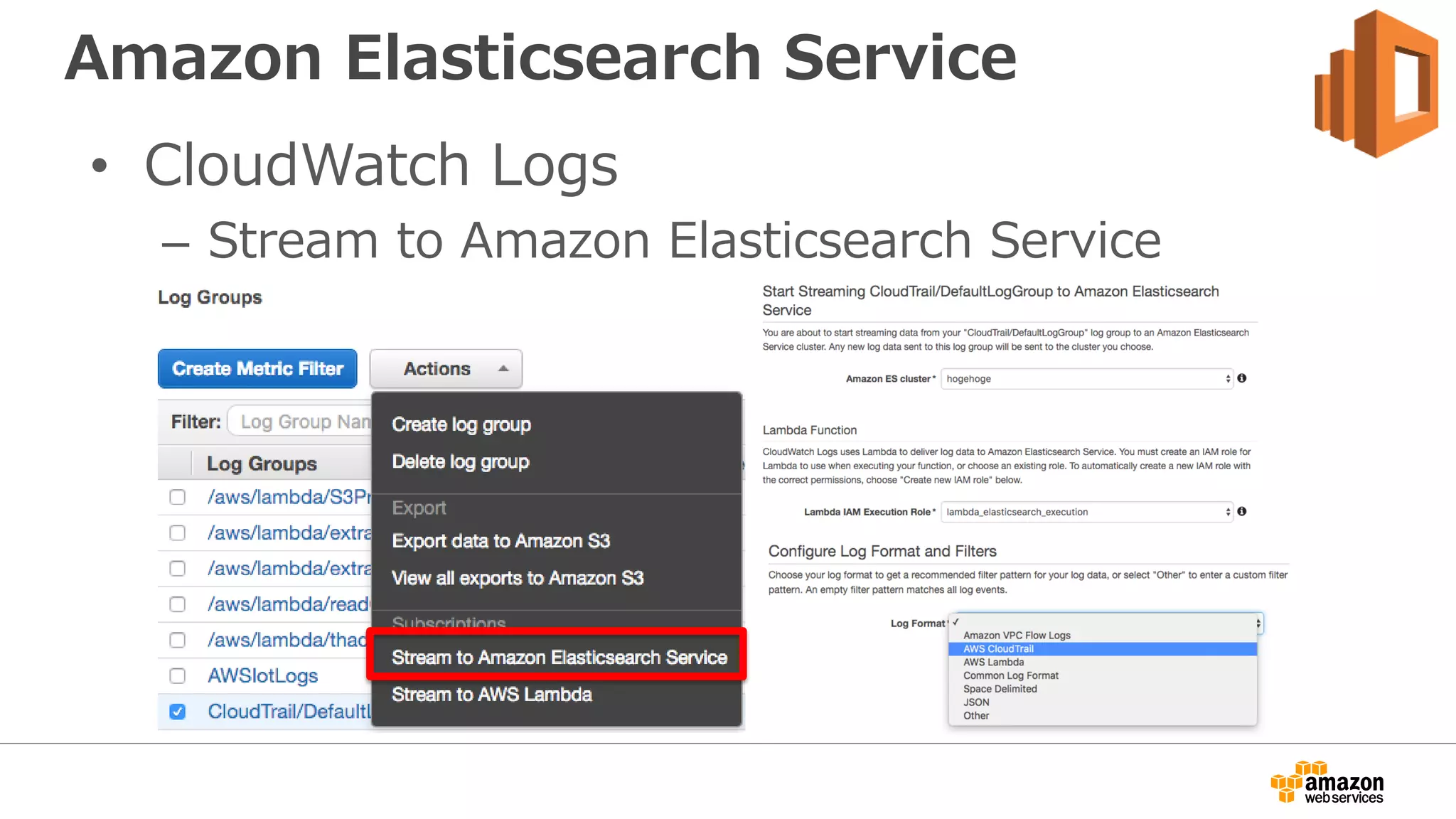 Amazon Elasticsearch Service
• CloudWatch Logs
– Stream to Amazon Elasticsearch Service
 