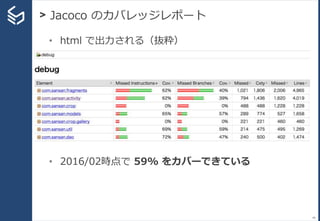> Jacoco のカバレッジレポート
49
• html で出力される（抜粋）
•
• 2016/02時点で 59% をカバーできている
 