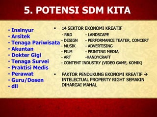 5. POTENSI SDM KITA
• Insinyur
• Arsitek
• Tenaga Pariwisata
• Akuntan
• Dokter Gigi
• Tenaga Survei
• Praktisi Medis
• Perawat
• Guru/Dosen
• dll
 