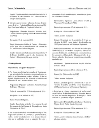 Estado: Opinión aprobada en comisión con fecha 9
de febrero de 2016, se envió a la Comisión de Cul-
tura y Cinematografía.
2. Iniciativa que reforma y adiciona diversas disposi-
ciones de la Ley Federal del Derecho de Autor, del Có-
digo Penal y de la Ley de Propiedad Industrial.
Proponentes: Diputados Francisco Martínez Neri,
Cristina Ismene Gaytán y Natalia Karina Barón Or-
tiz (PRD).
Recepción: 19 de enero de 2016.
Turno: Comisiones Unidas de Cultura y Cinemato-
grafía, y de Justicia para dictamen, con opinión de
la Comisión de Asuntos Indígenas.
Estado: Opinión aprobada en comisión con fecha 9
de febrero de 2016, se envió a las Comisiones de
Cultura y Cinematografía, y de Justicia.
LXII Legislatura
Proposiciones con punto de acuerdo
1. Por el que se exhorta al gobernador de Chiapas, pa-
ra que a través de las instancias correspondientes, re-
suelva la problemática de carácter religioso, de los in-
dígenas desplazados de las diversas localidades del
municipio de San Cristóbal de las Casas.
Proponente: Diputado Guillermo Rafael Santiago
Rodríguez (Morena).
Fecha de presentación: 22 de septiembre de 2014.
Recepción: 14 de octubre de 2015.
Turno: Asuntos Indígenas.
Estado: Desechada (artículo 184, numeral 2, del
Reglamento de la Cámara de Diputados, en fecha
29 de enero de 2016).
2. Por el que se exhorta al Instituto Electoral y de Par-
ticipación Ciudadana de Guerrero, a garantizar el de-
recho a contar con traductores en el proceso de con-
sulta de la viabilidad sobre la elección de usos y
costumbres de las autoridades del municipio de Ayutla
de los Libres, Guerrero.
Proponentes: Diputados Lluvia Flores Sonduk y
Victoriano Wences Real (PRD).
Fecha de presentación: 13 de octubre de 2015.
Recepción: 15 de octubre de 2015.
Turno: Asuntos Indígenas.
Estado: Desechada por la comisión el 24 de no-
viembre de 2015 y con fecha 3 de diciembre de
2015 por el pleno de la Cámara de Diputados.
3. Por el que se exhorta a la Comisión Nacional para
el Desarrollo de los Pueblos Indígenas a reforzar las
acciones de difusión, sensibilización y capacitación de
los servidores públicos de los diferentes niveles de go-
bierno, sobre los derechos de los pueblos y comunida-
des indígenas.
Proponente: Diputado Christian Joaquín Sánchez
Sánchez (PRI).
Fecha de presentación: 27 de octubre de 2015.
Recepción: 28 de octubre de 2015.
Turno: Asuntos Indígenas.
Estado: Aprobada por la Comisión el 24 de no-
viembre de 2015 y con fecha 15 de diciembre de
2015 por el pleno de la Cámara de Diputados.
4. Por el que se exhorta a los titulares de las Secretarí-
as de Energía, de Medio Ambiente y Recursos Natura-
les y de la Comisión Reguladora de Energía, a fin de
cancelar el gasoducto Tuxpan- Atotonilco.
Proponentes: Diputada Blandina Ramos Ramírez y
Norma Roció Nahle García (Morena).
Fecha de presentación: 27 de octubre de 2015.
Recepción: 28 de octubre de 2015.
Turno: Asuntos Indígenas para dictamen, y de Ener-
gía para opinión.
Gaceta Parlamentaria Miércoles 23 de marzo de 201614
 