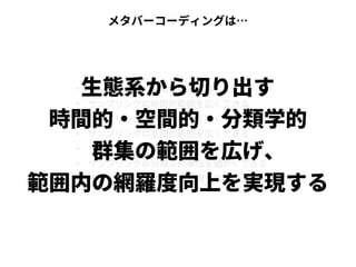 ●
サンプリングの時間的間隔を狭くできる
●
サンプリングの時間的範囲を広くできる
●
サンプリングの空間的間隔を狭くできる
●
サンプリングの空間的範囲を広くできる
●
サンプリングの網羅度を上げられる
●
サンプリングの分類学的単位を細かくできる
●
サンプリングの分類学的範囲を拡大できる
生態系から切り出す
時間的・空間的・分類学的
　群集の範囲を広げ、
範囲内の網羅度向上を実現する
メタバーコーディングは…
 